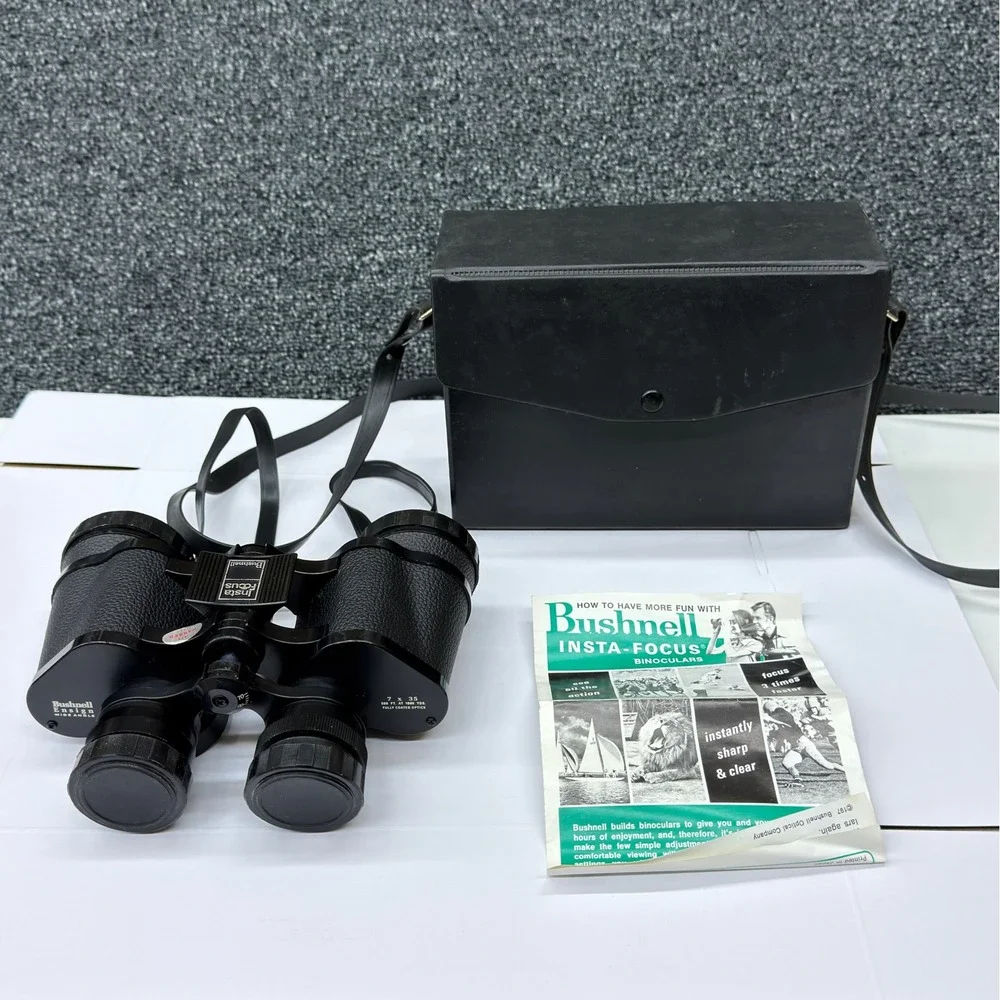 Vtg Bushnell Ensign 7x35 Insta-Focus Wide Angle Binoculars w/ Case‎ Manual Japan